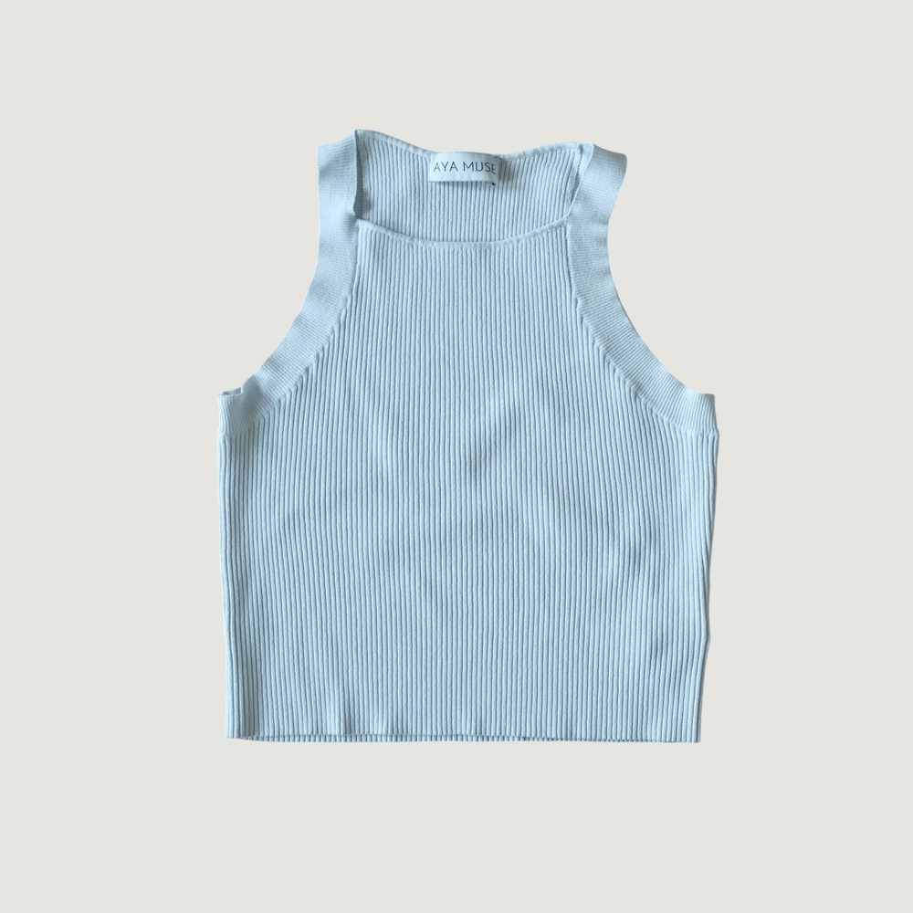 Aya‎ Muse Modern Tank Top Light Blue Ribbed Knit Racerback Cropped Medium